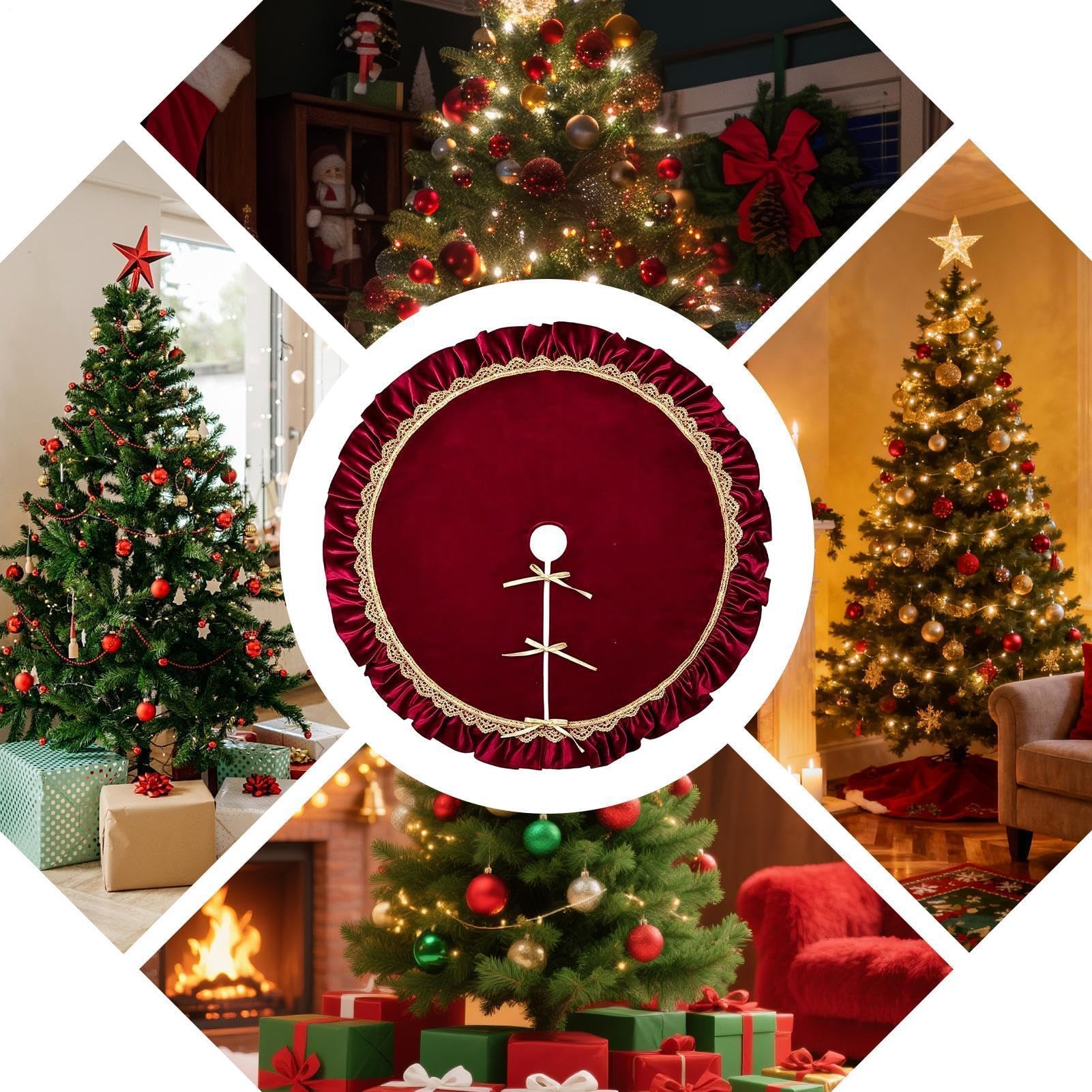 Jupes De Sapin De Noël Tapis Style Ferme Rouge Vin En Peluche 122 Cm | Tapis De Sapin Noël Hiver Pour Maison Fête Intérieur Extérieur Cuisine Salle À Manger Plage Cheminée Manteau De