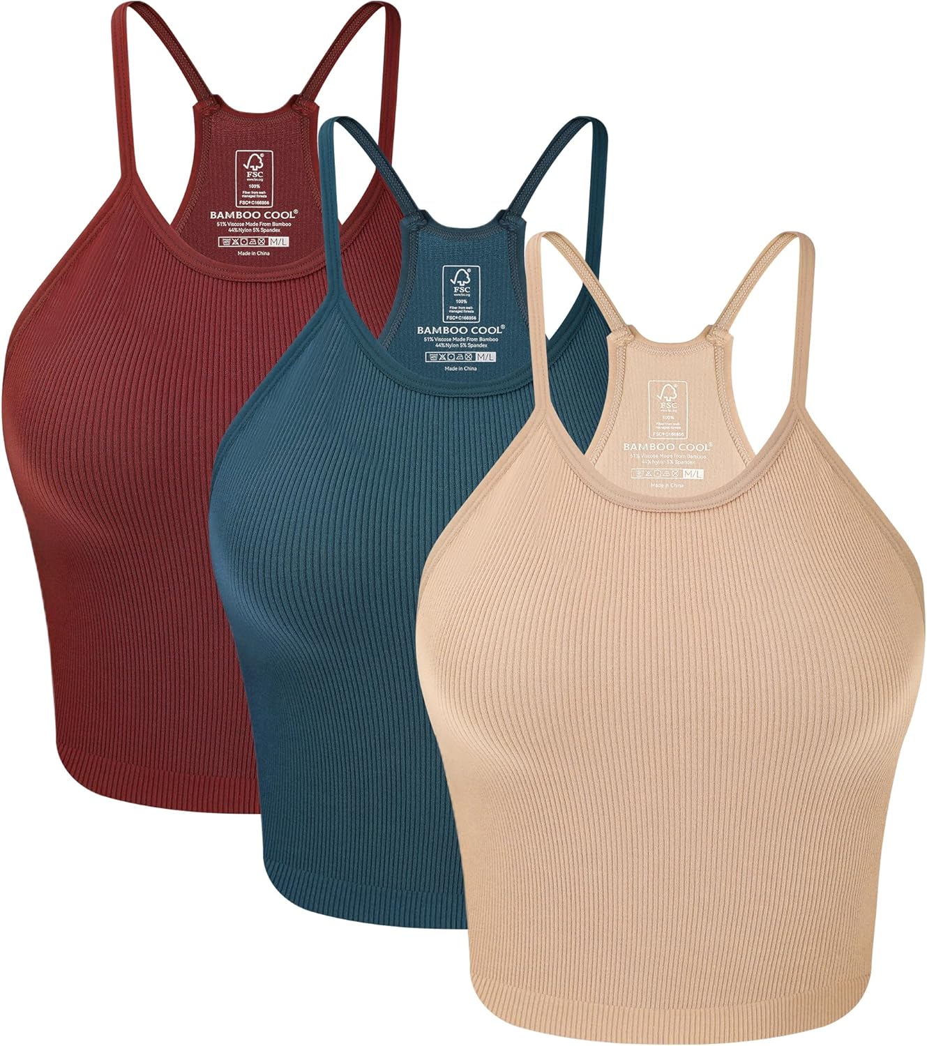 BAMBOO COOL Women's Seamless Tank Top Moisture-Wicking Workout Ribbed Camisoles U-Neck Camis 3-Pack