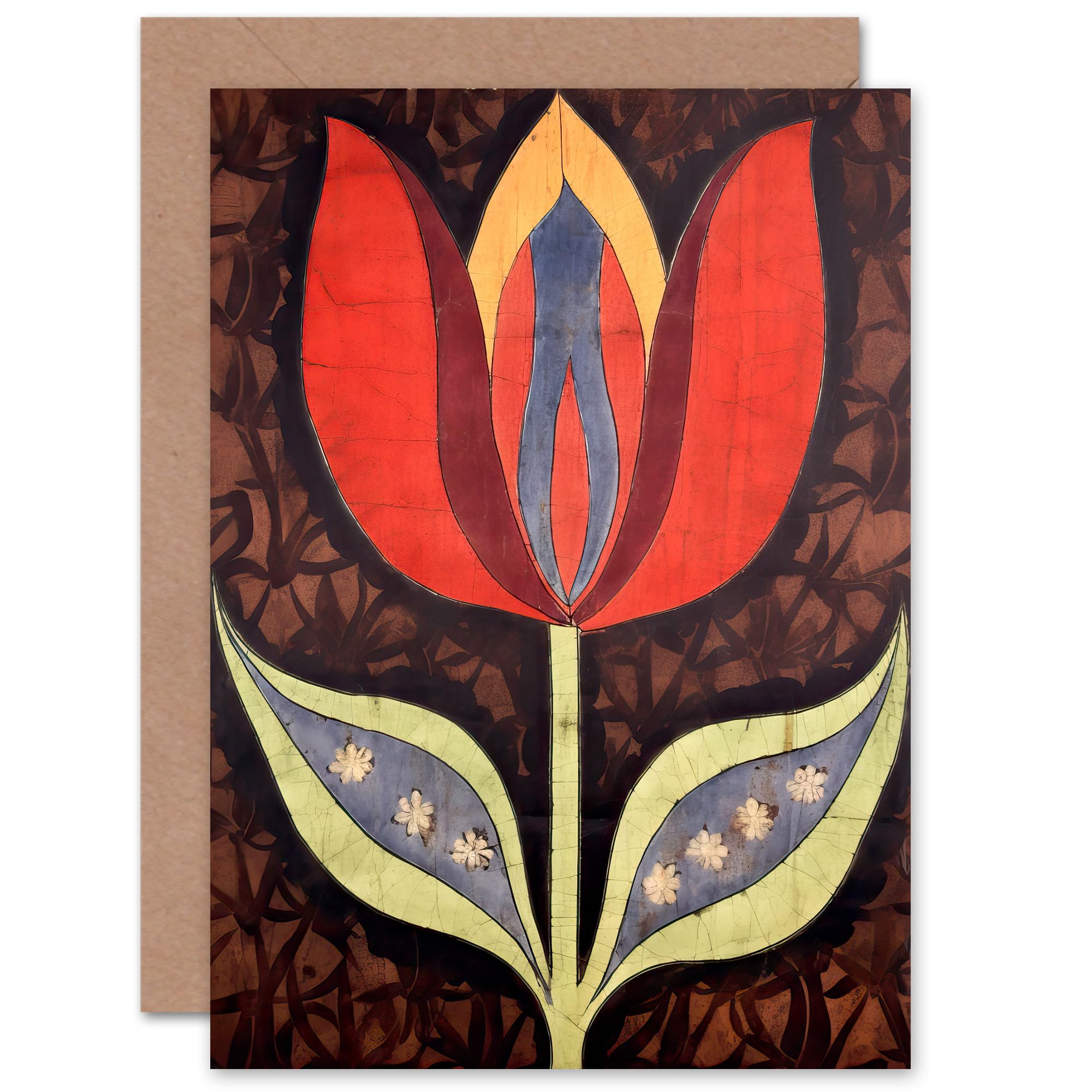 Artery8 Single Tulip Flower Batik Folk Art for Wife Her Mum Sister Daughter Mom Gran Nan Birthday Thank You Congratulations Blank Art Greeting Card