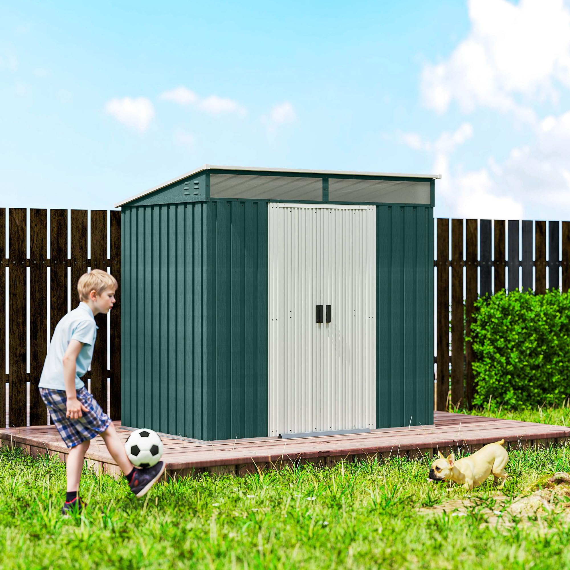 Outsunny Caseta de Jardín Exterior 2 m² 195x122x181,5 cm Cobertizo de Jardín Exterior Metálica con Base SIN Suelo 2 Puertas Correderas Ventanas y Ganchos para Herramientas Verde