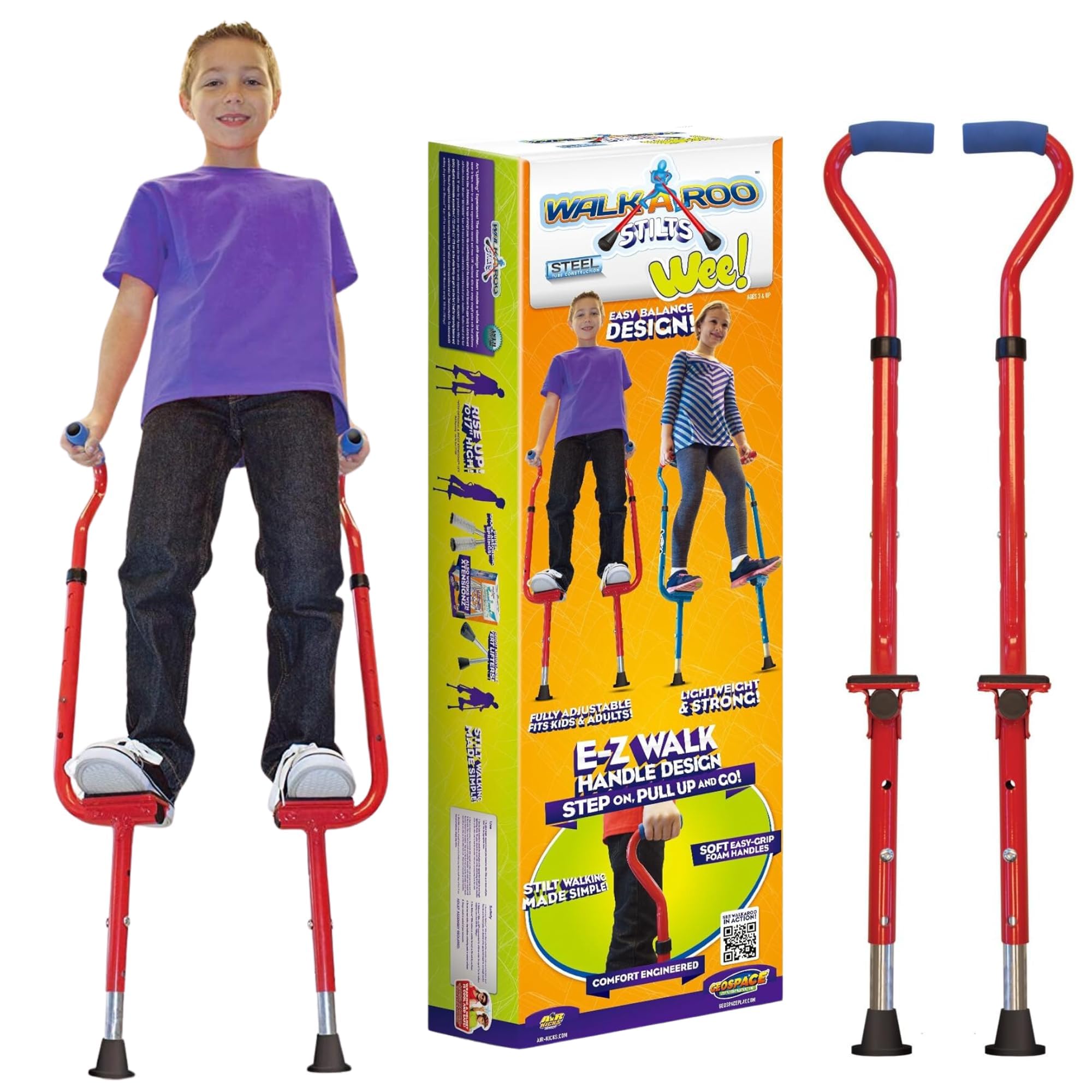 Geospace Adjustable Walkaroo Steel Wee Balance Stilts for Kids - Indoor/Outdoor Play, Exercise, Steel Stilts for Kids- Up to 120 lbs, Height Adjustable Walking Stilts, Kids Stilts -RED