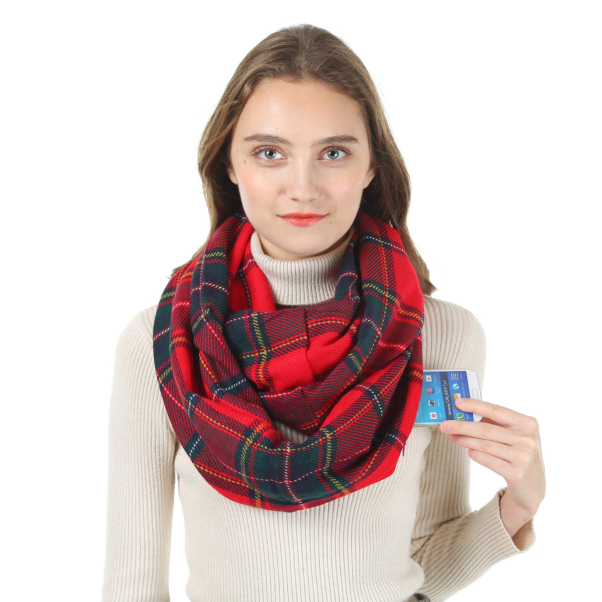 Ragas Conwea Scarf Women Soft Warm Neck Scarves Loop Scarf with Hidden Zipper Pocket Travel Scarf Unisex for Women, Red, 25X170CM