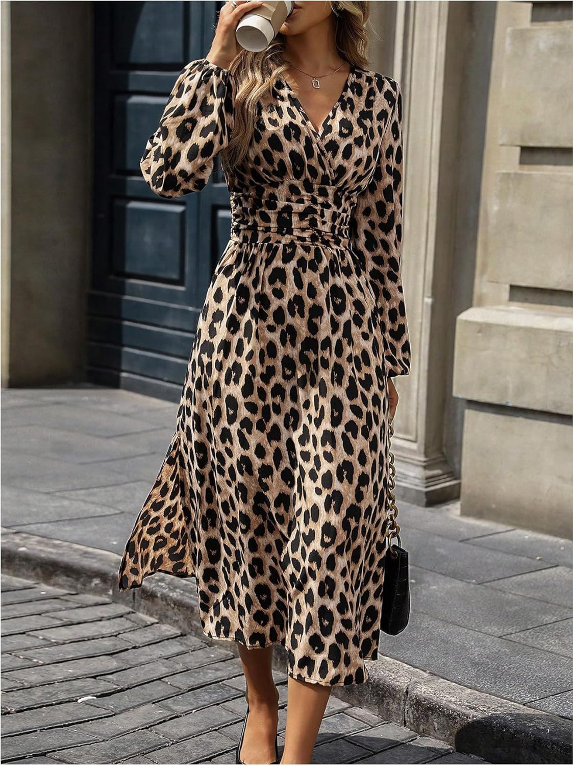 Floerns Women's Elegant Leopard Dress Wrap V Neck Long Sleeve Party A Line Long Dress - Image 2