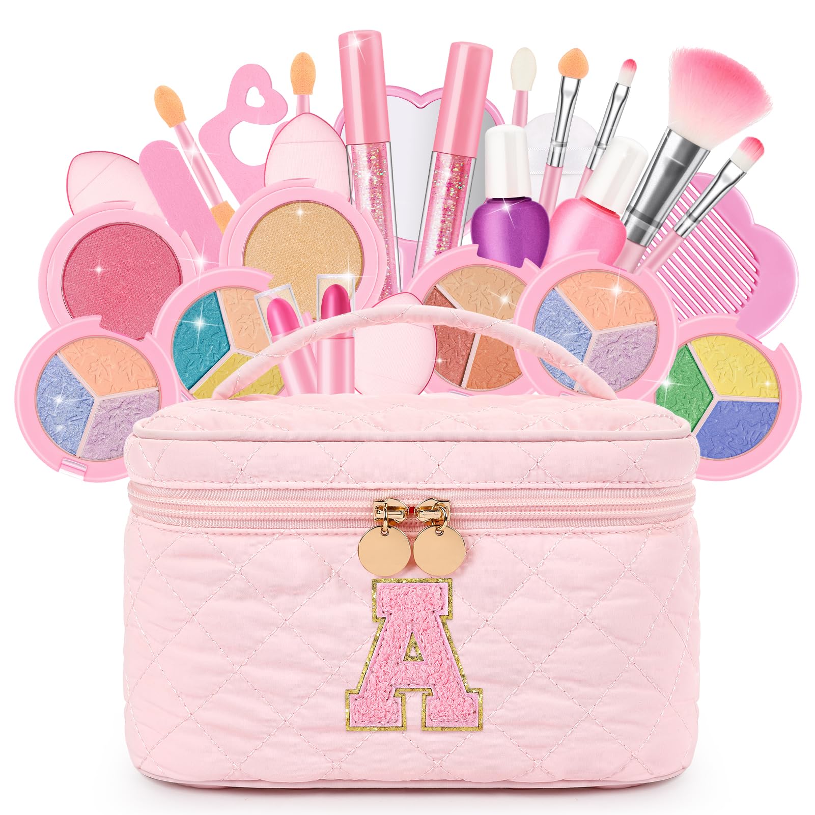 Kids Washable Makeup Set for Girls, 29Pcs Real Make Up Toys Cosmetic Bag, A