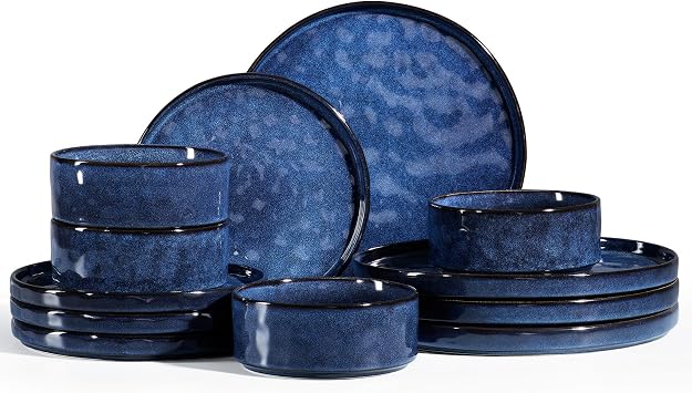 Homikit Dinner Sets for 4, 12Pcs Reactive Glaze Stoneware Set, Nebulas Blue | Dinnerware with Plates and Bowls, Scratch Resistant & Non-Toxic, Dishwasher & Microwave Safe, Stackable and Easy Storage