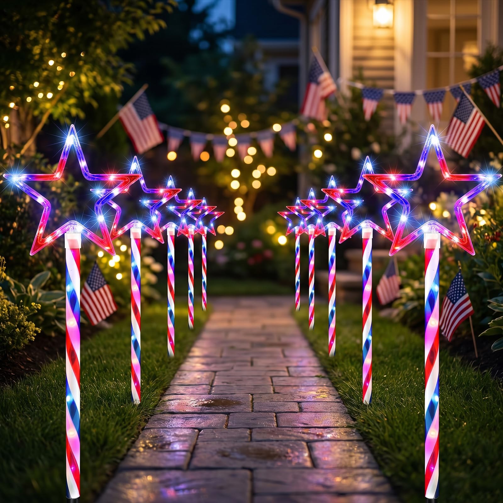 Photo 1 of DTNESS 12 Packs 240 LEDs USA Star Pathway Lights, 4th of July Decorations Outdoor, Red Blue White Star Lights w/ 8 Modes Lighting, Waterproof Patriotic Stake Lights for Memorial Day Independence Day