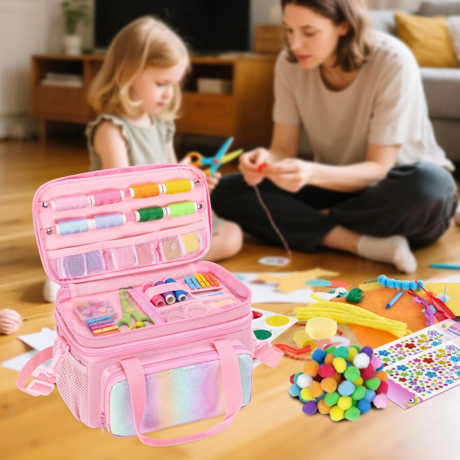 GRAOSO Double Layer Sewing Organizer for Crafts Sewing Supplies, Crafts Accessories Bag, Portable Sewing Box with Handle and Detachable Shoulder Strap, Rainbow Sequins Design, Pink (Case Only)