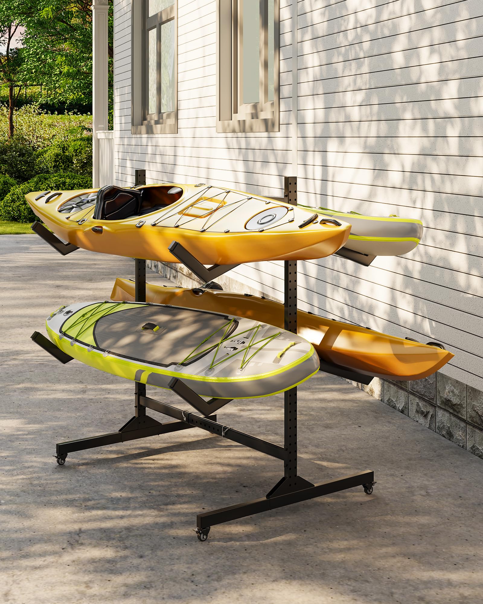 Garvee Rack de Rangement autoportant Double Face, Robuste et réglable, pour 4 Kayaks, canoës, Sup et Planches – roulettes verrouillables – Idéal Garage, abri ou Quai – Spécification : Double Face