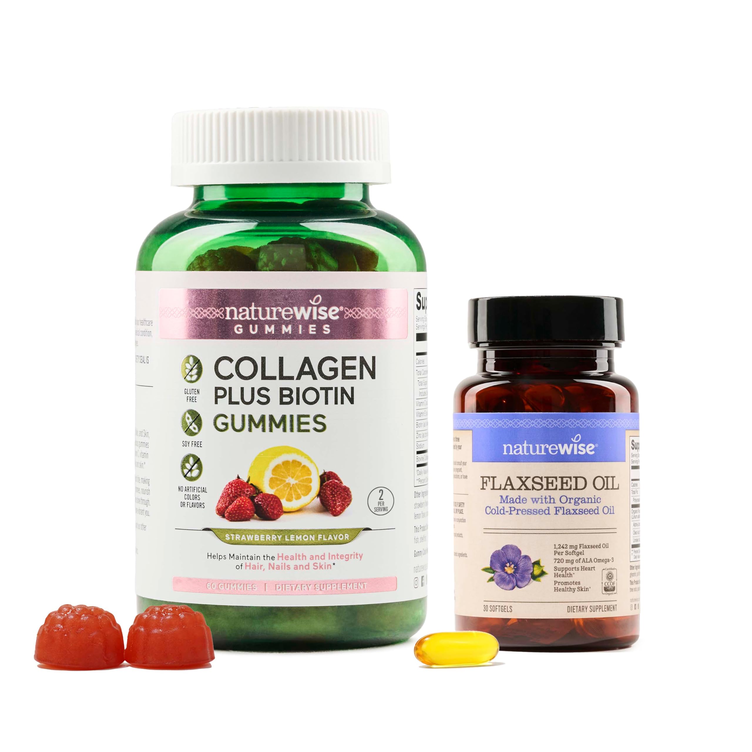 NatureWise [1] Collagen Gummies - Hydrolyzed Collagen + Biotin - 60 Count[30-Day Supply] + [1] Flaxseed Oil 1200mg - Organic, Cold Pressed - 30 Softgels[30-Day