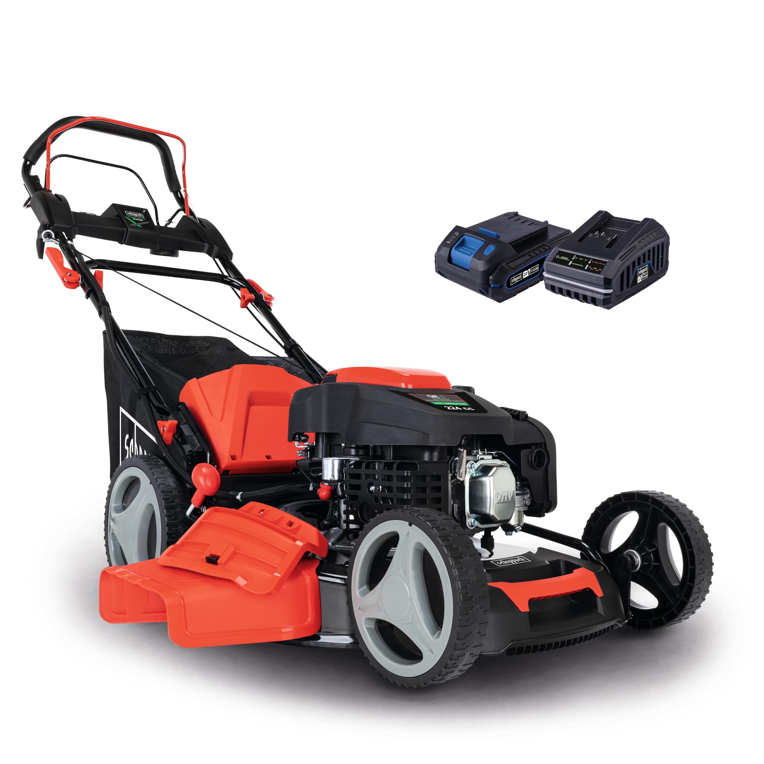 Scheppach Tondeuse à Gazon Hybride MS225-53E – Moteur 4 Temps 224 cm3 / 6 CV – 4400 W – Largeur de Coupe 53 cm – Démarrage électrique – Bac 65 L – Batterie 2Ah + Chargeur Inclus