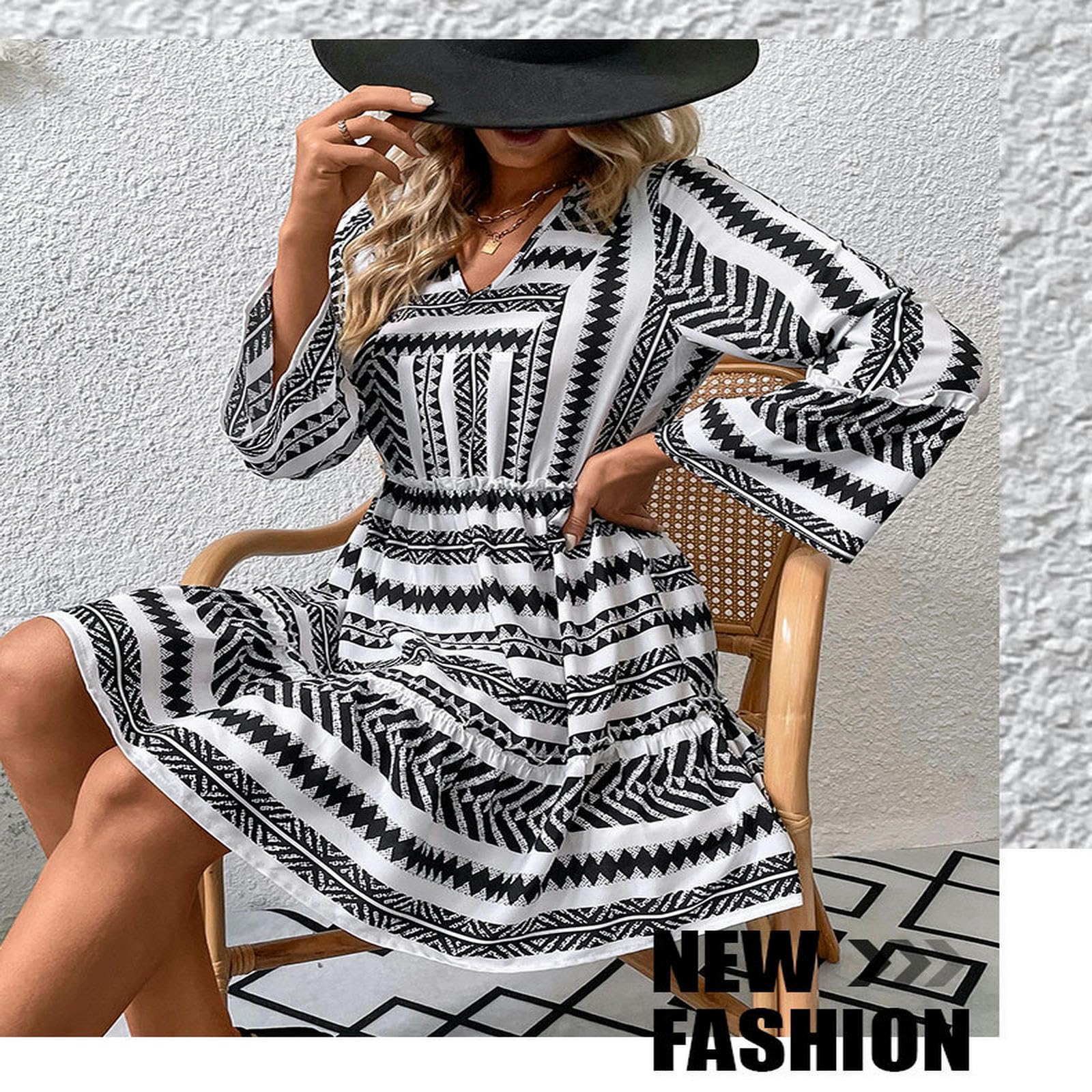 Vestido corto casual para mujer, largo, plisado, cuello en V, vestido corto, acampanado, vestido de verano YYEFNMAZ