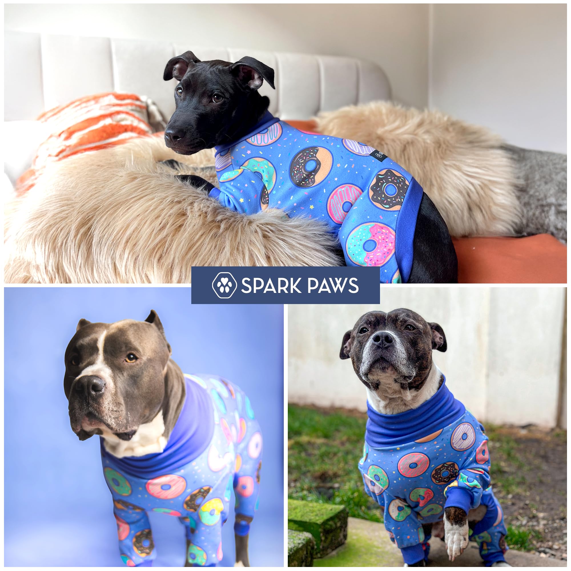 Spark Paws Pijama para perro, traje de recuperación para perro, mameluco, ultrasuave y elástico en 4 direcciones, para razas pequeñas, medianas y grandes, donas, talla 4XL