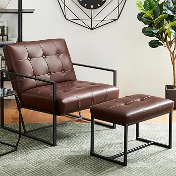 Glitzhome Accent Chairs with Ottoman, Mid Century Modern Lounge Armchair with footrest with PU Leather & Metal Frame for Living Room, Bedroom, Apartment, Office, Brown