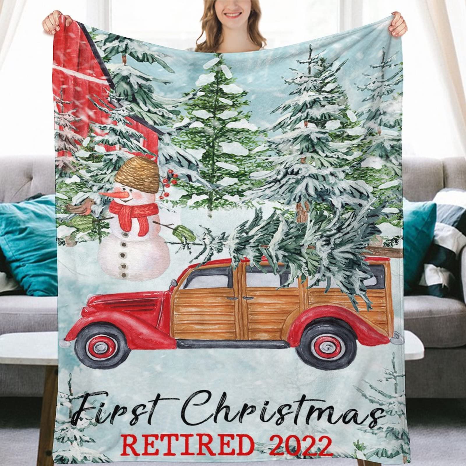 Coperta morbida e confortevole per il primo Natale in pensione 2022 Coperte di flanella Natale Nero Pupazzo di neve Camion Fattoria Coperta di Natale Divano Gettare Coperta soffice 150x200cm