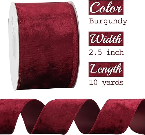 Miniatura 2 de MEEDEE Cinta de terciopelo burdeos de 2.5 pulgadas, cinta de terciopelo con alambre triturado, cinta de Navidad de 10 yardas, cinta de Navidad
