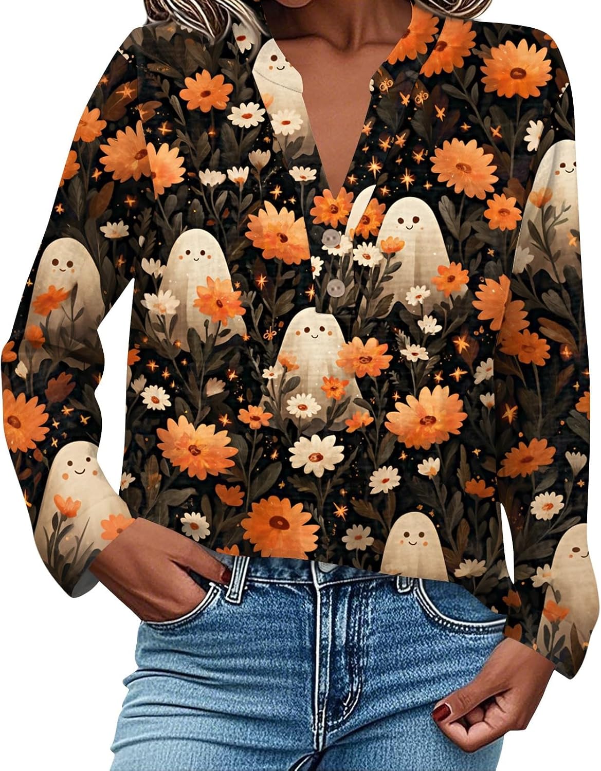 Women Halloween Fall Long Sleeve Button V Neck Graphic Shirts | Spring Top for Women, Summer Cotton T Shirts for Women, Plus Size Cotton Blouse, Plus Size Fall Outfits For