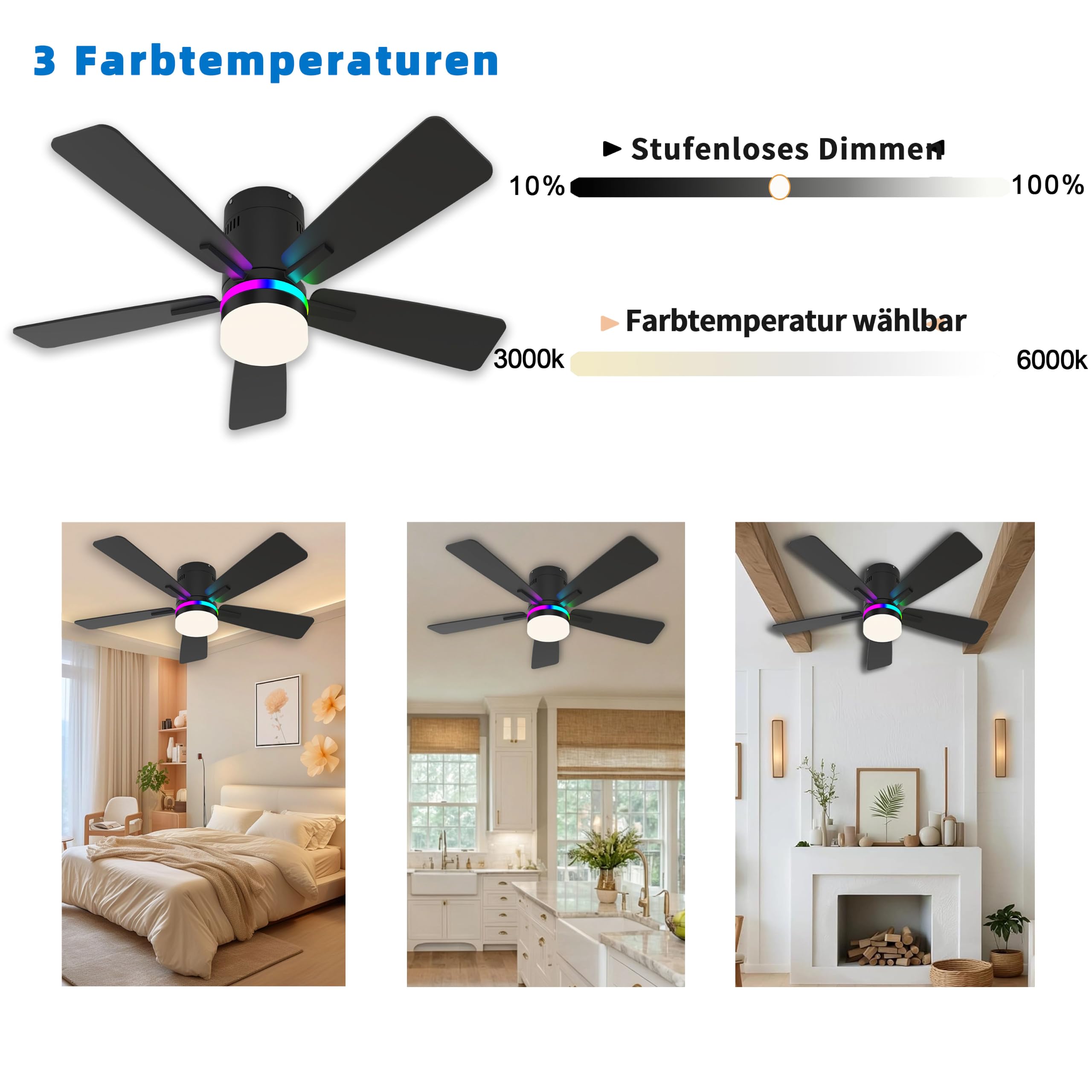 106cm RGB Deckenventilator mit Beleuchtung Leiser DC-Motor für Schlafzimmer | Fernbedienbar und App, Dimmbare LED, 6 Gänge,Timer, Doppelseitige Flügel Winter- und Sommermodus, für Wohnzimmer