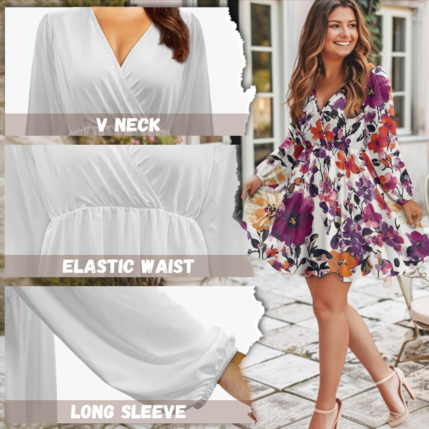 Easter Dress for Women Lantern Sleeve Floral 2025 Fashion Empire Waist V Neck A Line Holiday Party Mini Dress - Image 7