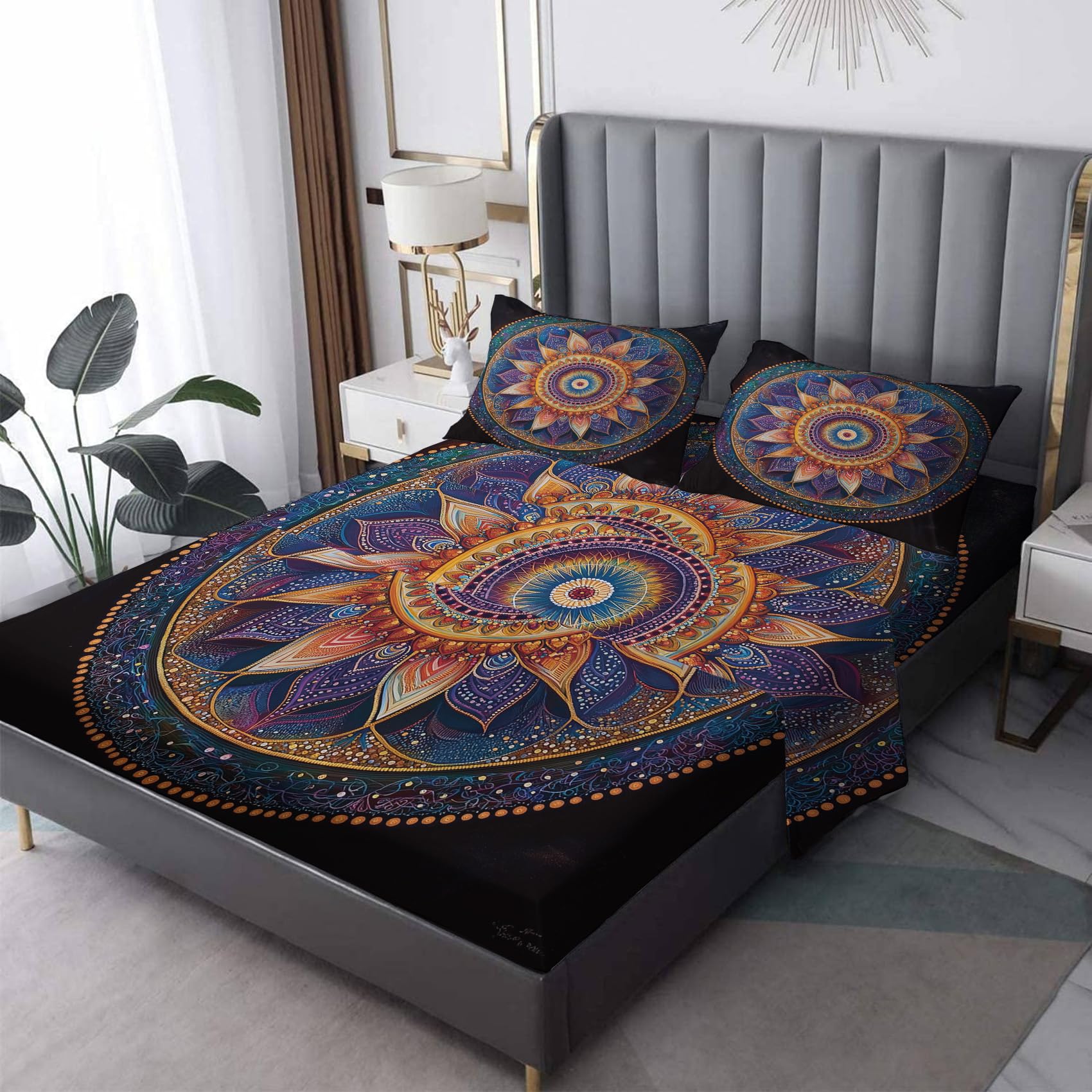 Zvynqour Mandala Bed Sheets Twin Size - Bohemian Lotus Sheet Set - Deep Pocket Fitted Sheets & Flat Sheet & Pillowcases 3 Piece - Boho Bedding & Decor - Soft Brushed Microfibe