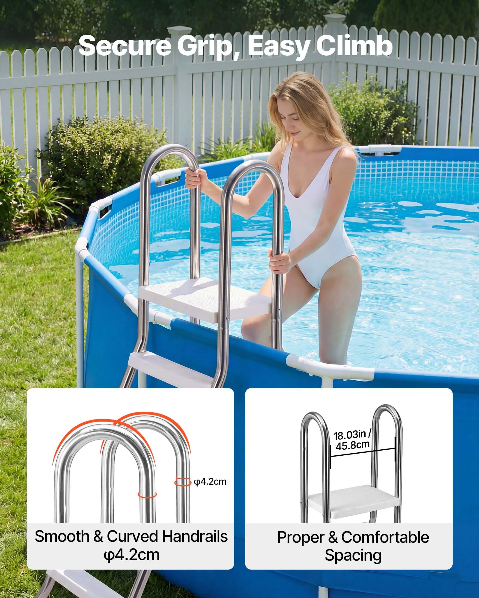 VEVOR Poolleiter Edelstahl 150 kg Tragkraft, Einstiegsleiter A-Rahmen, Sicherheitsleiter für Aufstellpools mit 125 cm Pooltiefe, Einstiegshilfe mit Rutschfesten 3 Stufen & Plattform, Silber