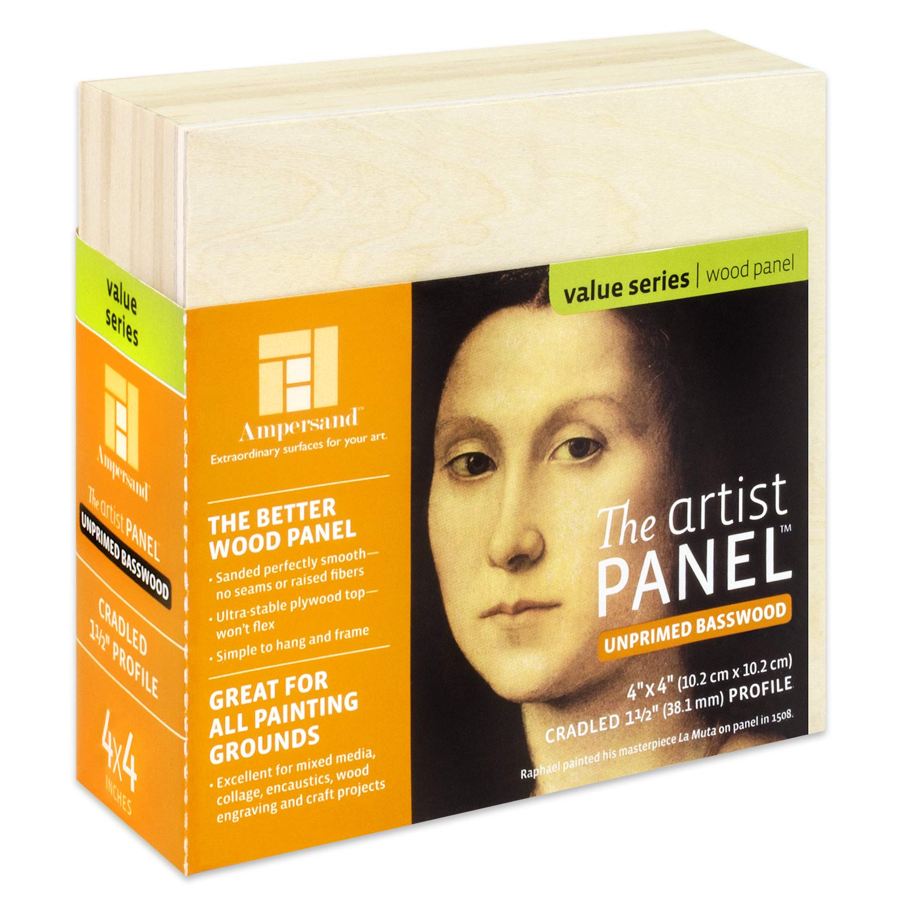 Ampersand Art Supply Unprimed Basswood Artist Panel, 1-1/2" Cradled Profile, 4"x4"