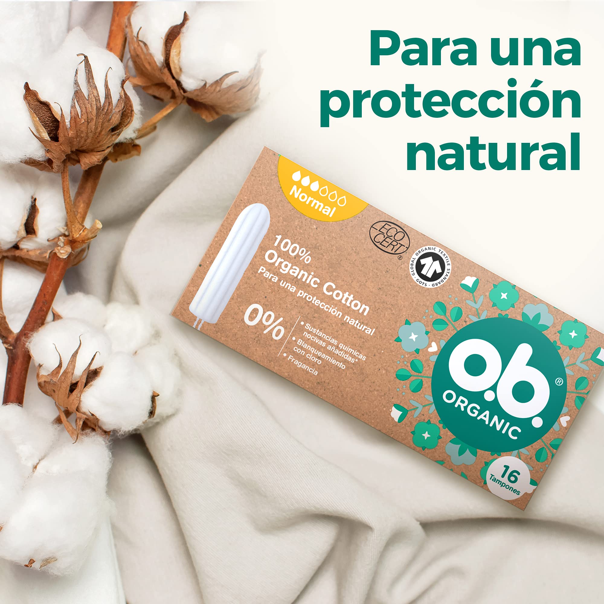 o. b. ORGANIC Tampony ze 100% bawełny organicznej (1 x 16 szt.), tampony bez aplikatora o normalnej chłonności, jednorazowe tampony wolne od szkodliwych substancji
