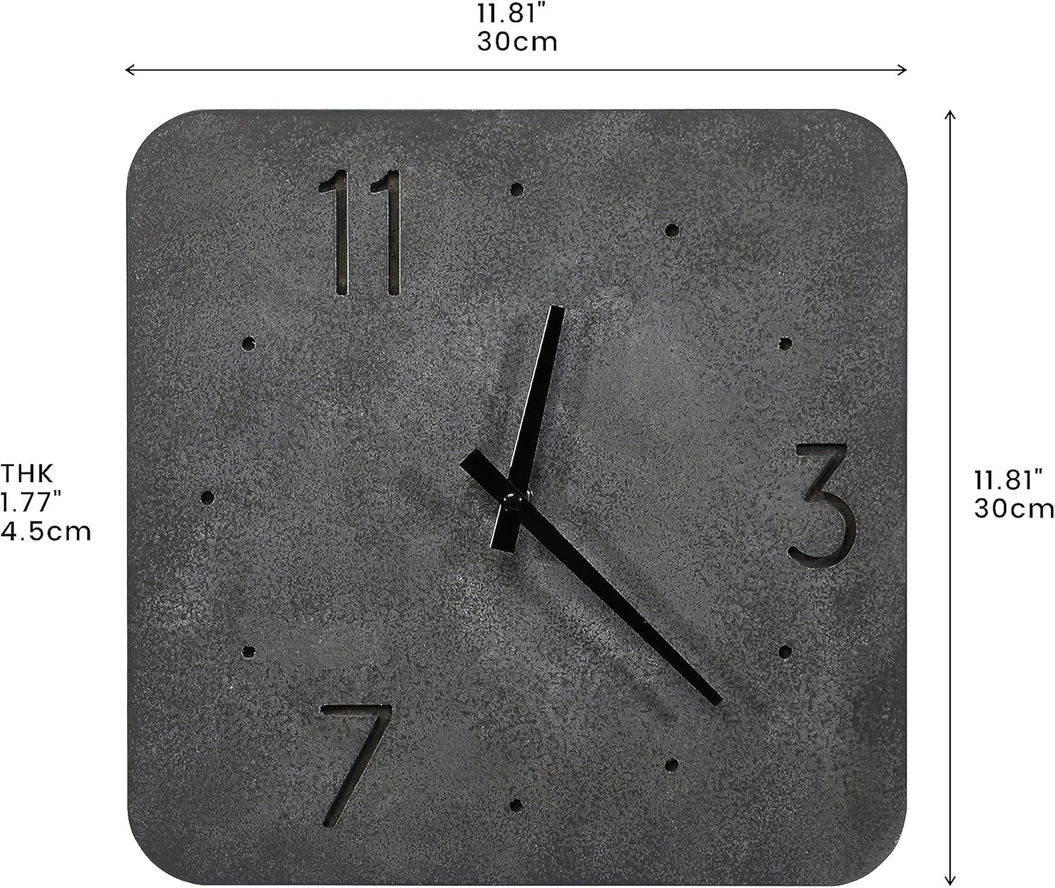 [PJ Collection] 12-Inch Cement-Accent Wood Clock, Cement Color Wood Clock, Square Wood Wall Clock, Industrial Style Wall Clock, Minimal Ticking Dial, Decorative Wall Clock, Battery Operated
