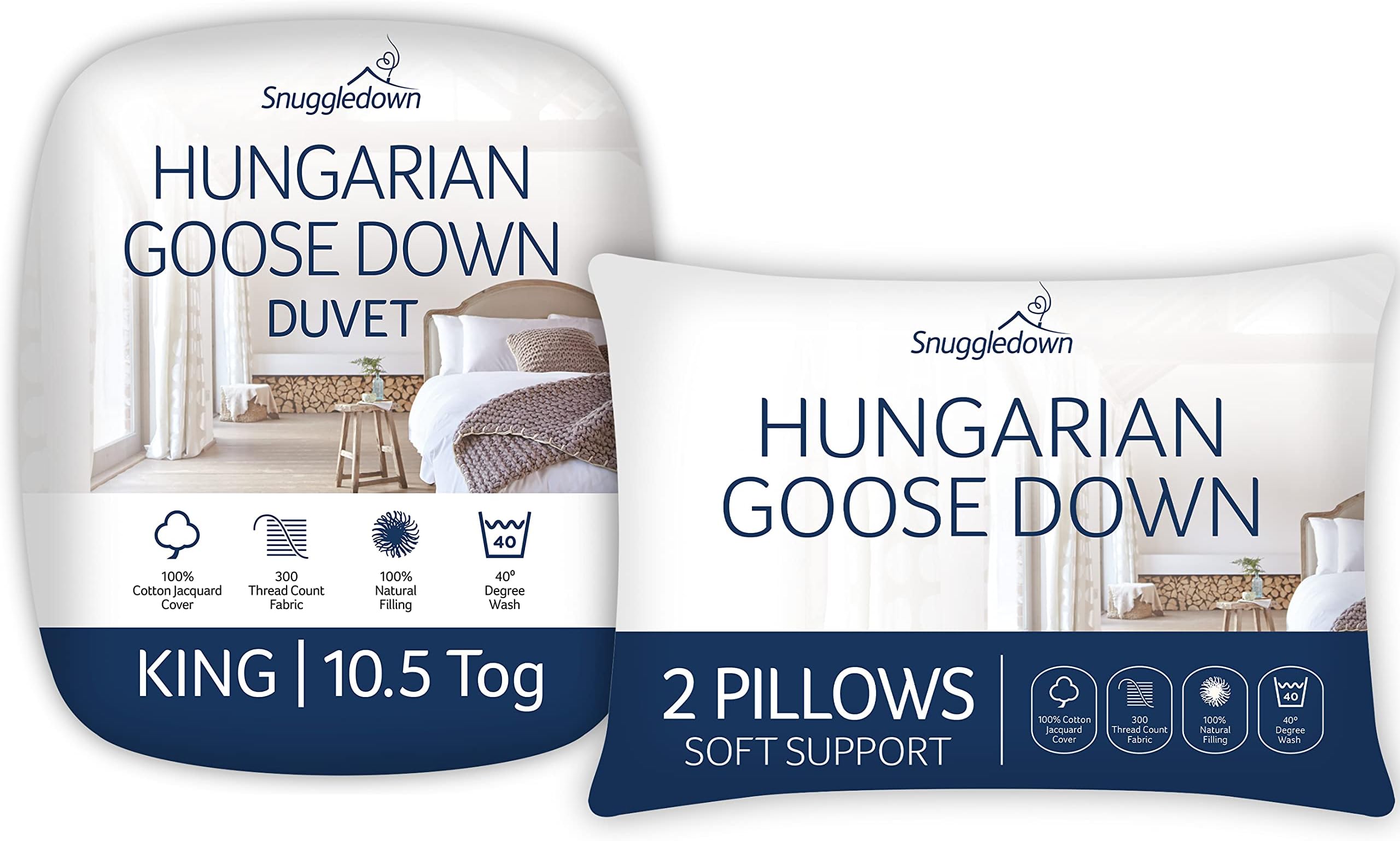 Snuggledown Hungarian Goose Down King Size Duvet - 10.5 Tog All Year Round Premium Quilt Ideal for Summer & Winter, 2 Soft Pillows - Jacquard Cotton Cover, Machine Washable, Size (225cm x 220cm)