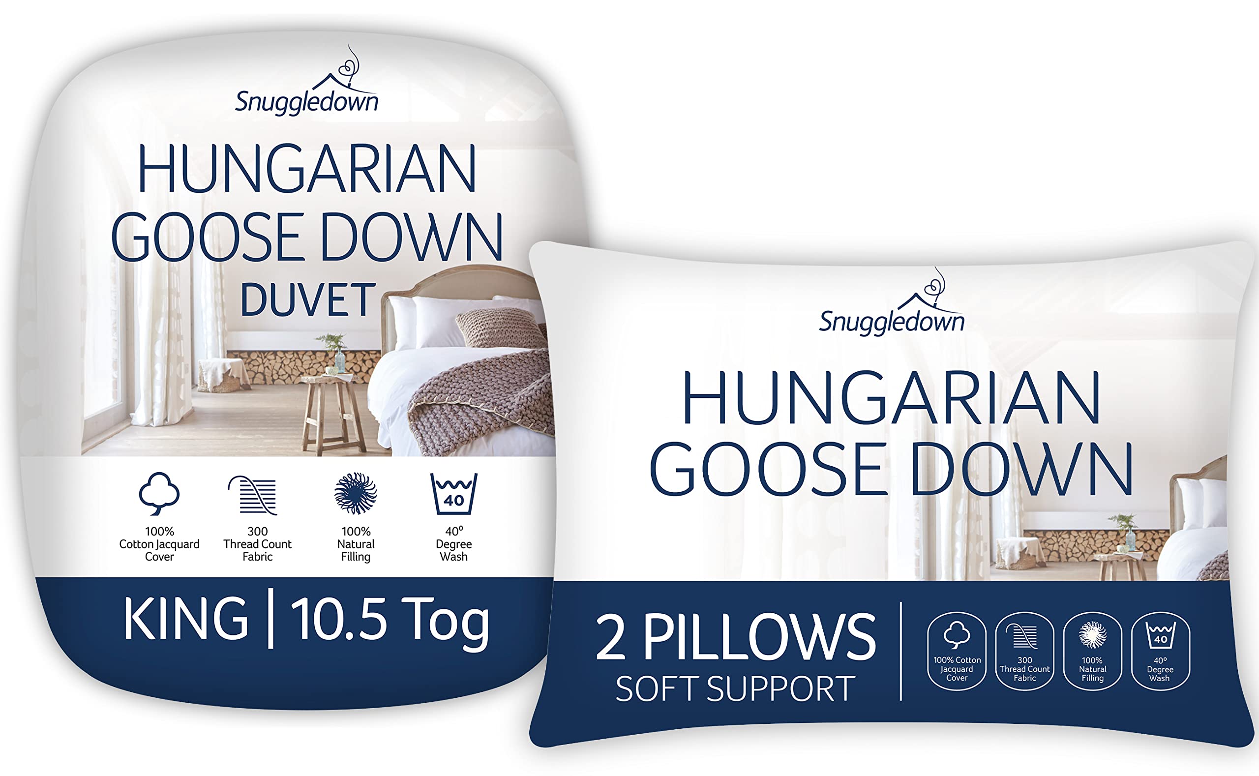 Snuggledown Hungarian Goose Down King Size Duvet - 10.5 Tog All Year Round Premium Quilt Ideal for Summer & Winter, 2 Soft Pillows - Jacquard Cotton Cover, Machine Washable, Size (225cm x 220cm)OEKO-TEX STANDARD 100