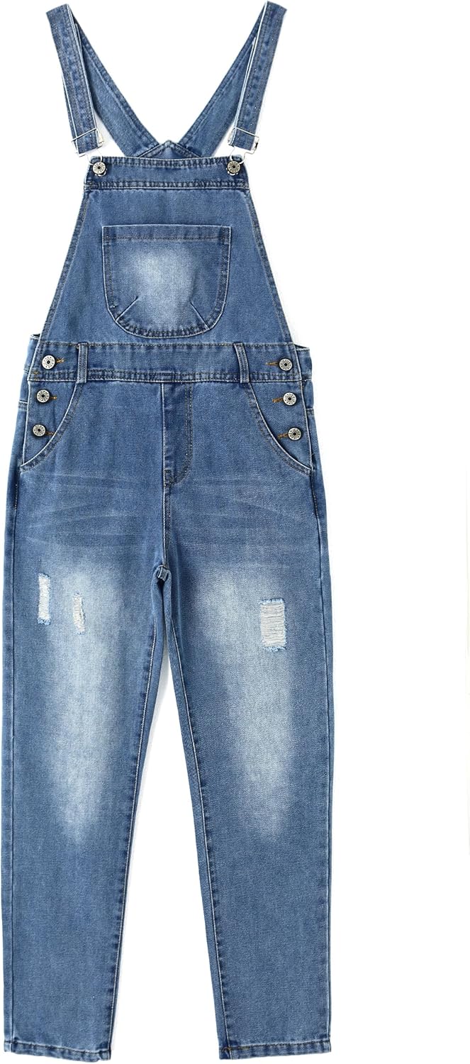 KIDSCOOL SPACE Girls Ripped Denim Overalls,3 Buttons Ripped Elastic Band Inside Jeans Jumpsuit