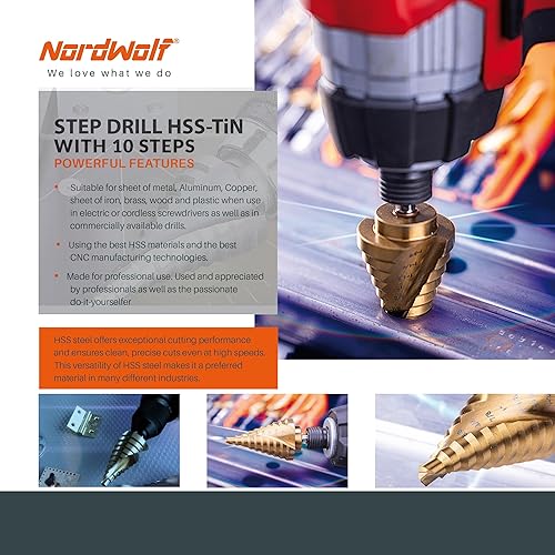 Miniatura 5 de NordWolf Broca de titanio SAE HSS, ranura en espiral, doble flauta Unibit con vástago hexagonal de 14 pulgadas para chapa, 10 tamaños de escalón