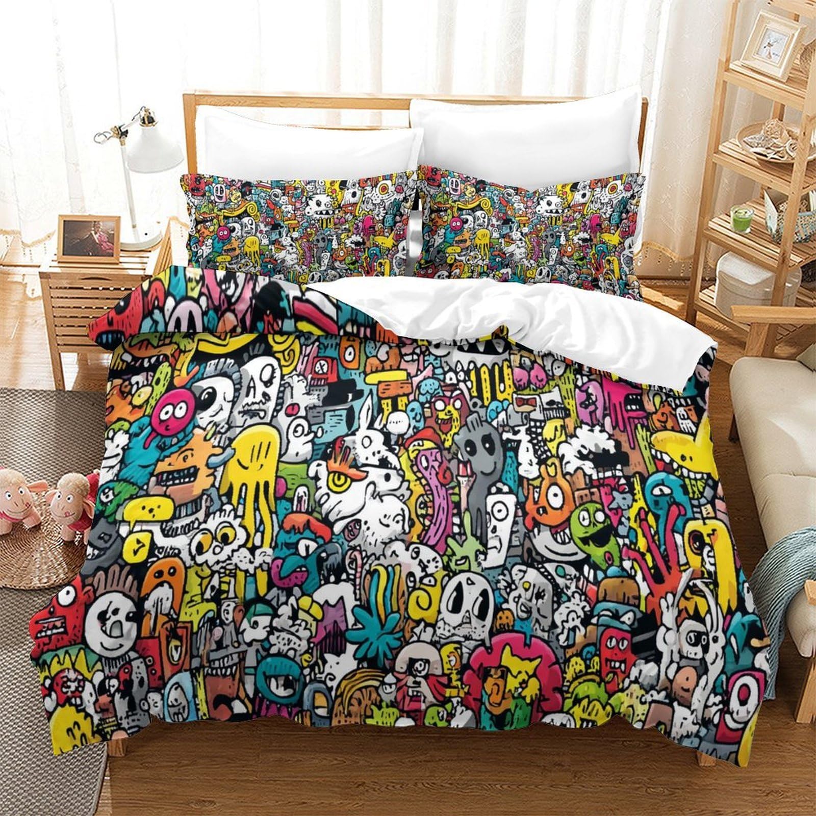 QDZHCPMYK Graffiti Duvet Cover Set 3 PCS Hotel Quality Quilt Cover Bedding Set Bed Covers with Pillowcases with Zipper Closure Breathable Stylish Comforter Single（140x200cm）
