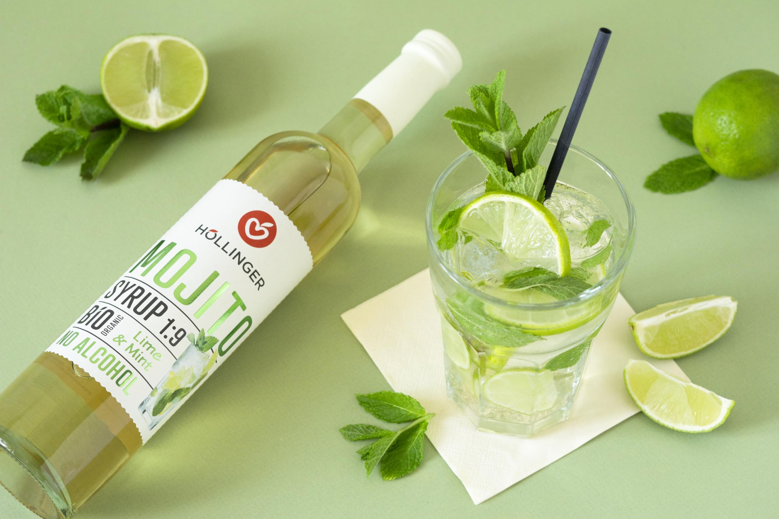 Sciroppo per cocktail biologico Höllinger Mojito - Organic Lime-Mint Syrup, Alcohol-Free, Vegan, 3x500ml Glass Bottle, Caribbean Flavor
