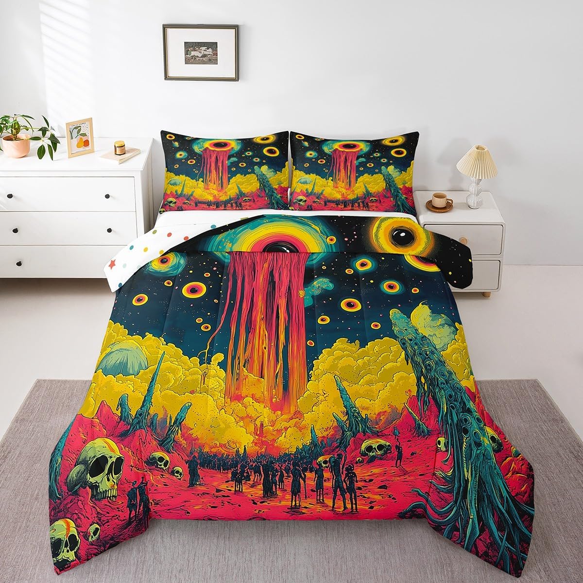 Manfei Alien Universe Teens Comforter Set,Mysterious Outer Space Skeleton Gothic Hippie Bedding Set All Season,Boho Eye Psychedelic Trippy Graffiti Comforter 3 Pcs with 2 Pillowcases,Queen Size