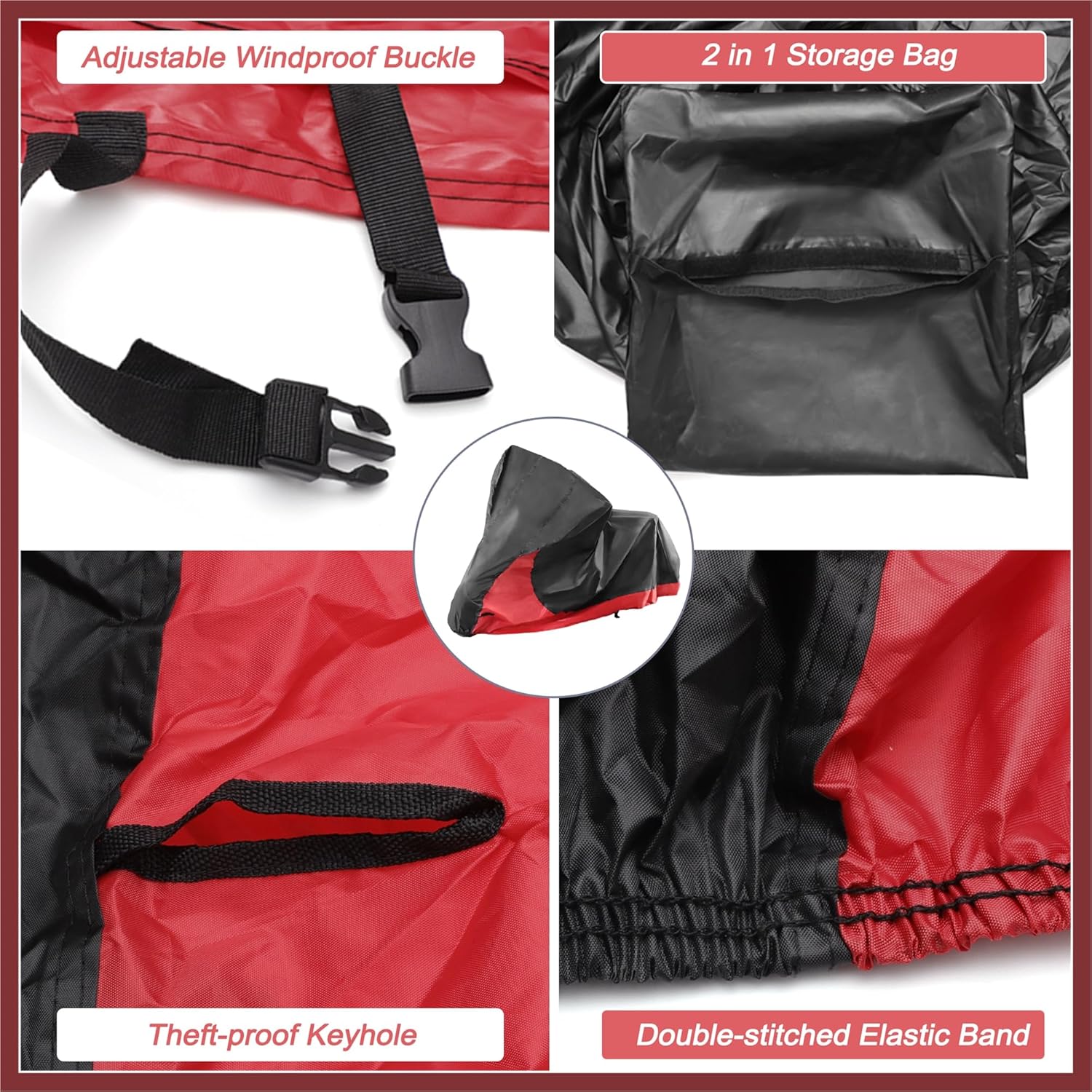 2 in 1 Motorcycle Cover Waterproof Protector for Harley Dyna Softail Fatboy FLFBS Heritage Classic FLHCS StreetBob Low Rider S Nightster Cruisers Models Black Red XL Replace Parts