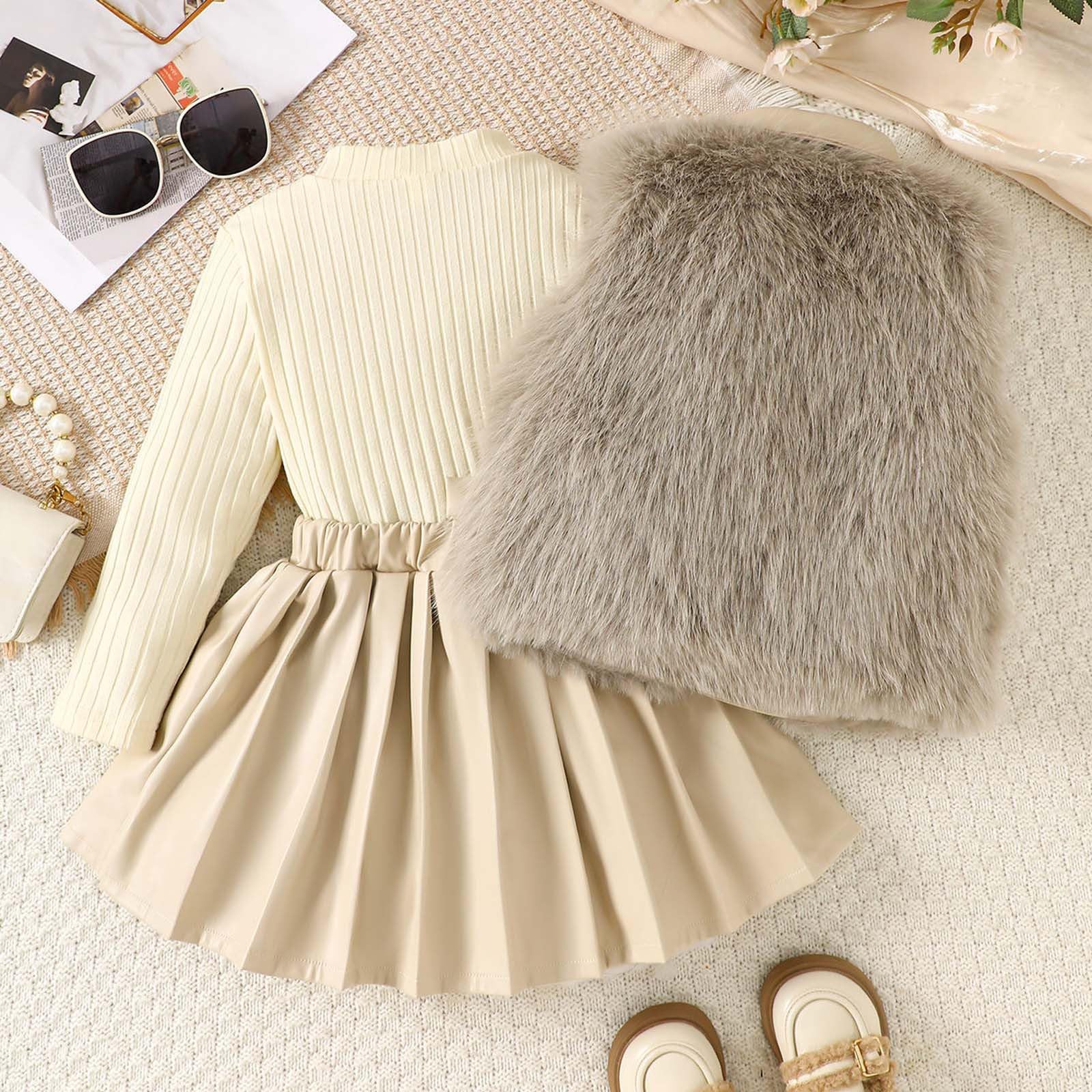 Gilet in Pile alla Moda e Top a Maniche Lunghe con Gonna a Pieghe per ragazze177