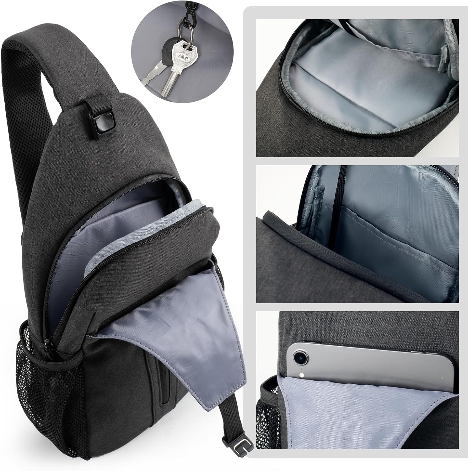 LEDAOU Crossbody Sling Bag Anti-Theft Sling Backpack Cross Body Shoulder Chest Bag Fanny Pack Travel Hiking (Black-Grey) - Image 8