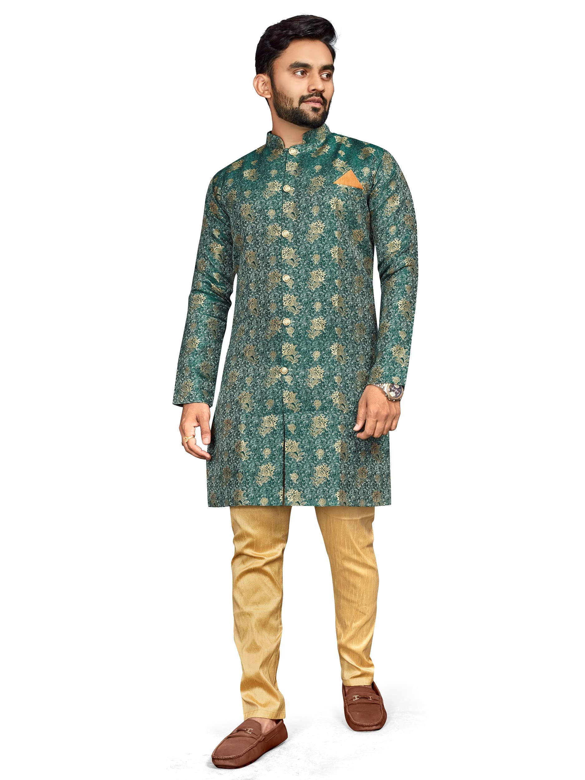 DREAM BLUE Men's Traditional Stitched Heavy Jecquard Kurta Pajama Sherwani Set (Green)