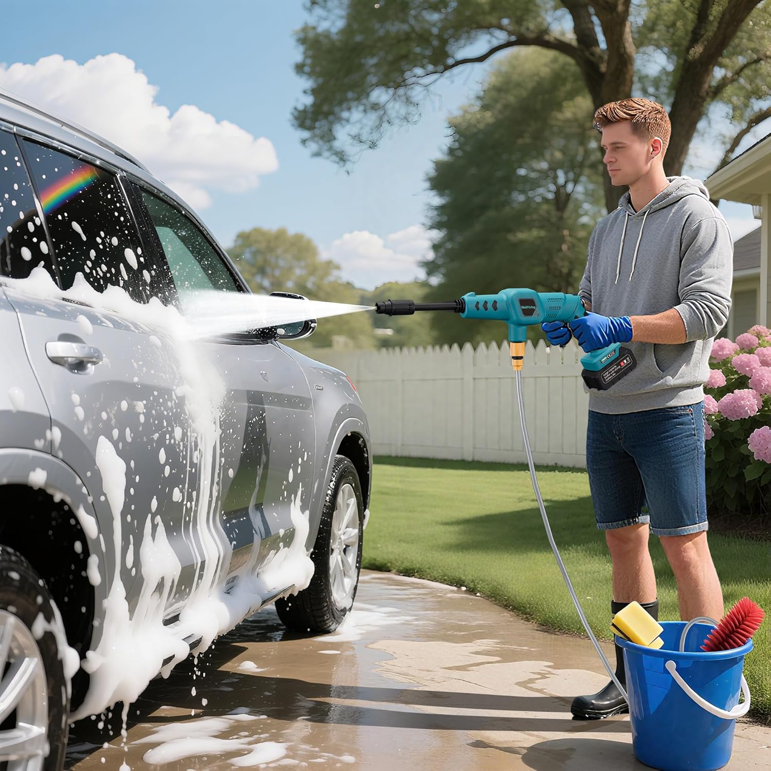 Cordless Pressure Washer Battery PoweredCordless Power Washer with 3 Nozzle, 16.4FT High-Elastic Hose,18v Battery&Charger, Portable HandheldPressure Washer Cleaner for Home, Car, Garden