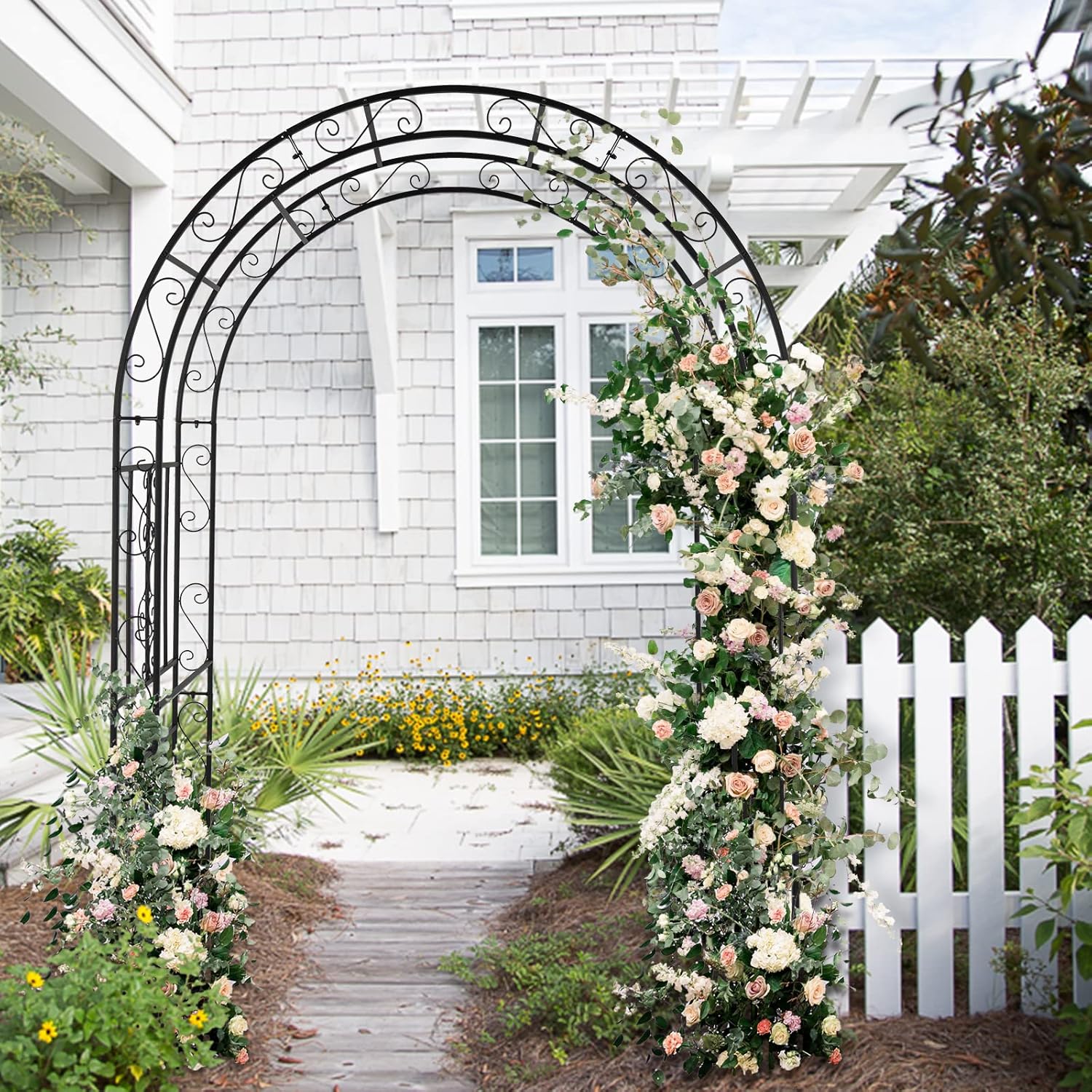 7FT Metal Garden Arch Trellis, Heavy Duty Metal Garden Arbor with Stakes for Climbing Plants Outdoor Patio, Double-Layered Trellis Arch for Wedding Ceremony Party, 59" x 84", Black, 13mm