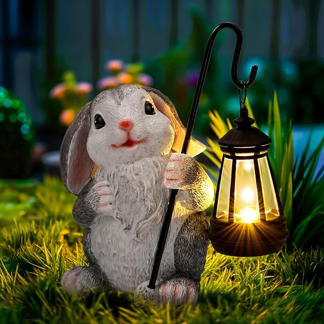 GIGALUMI Rabbit Garden Ornaments Outdoor, Solar Garden Statues Lights for Outdoor, Unique Gifts for Mom, Birthday Gifts for Women, Garden Decor for Patio, Yard