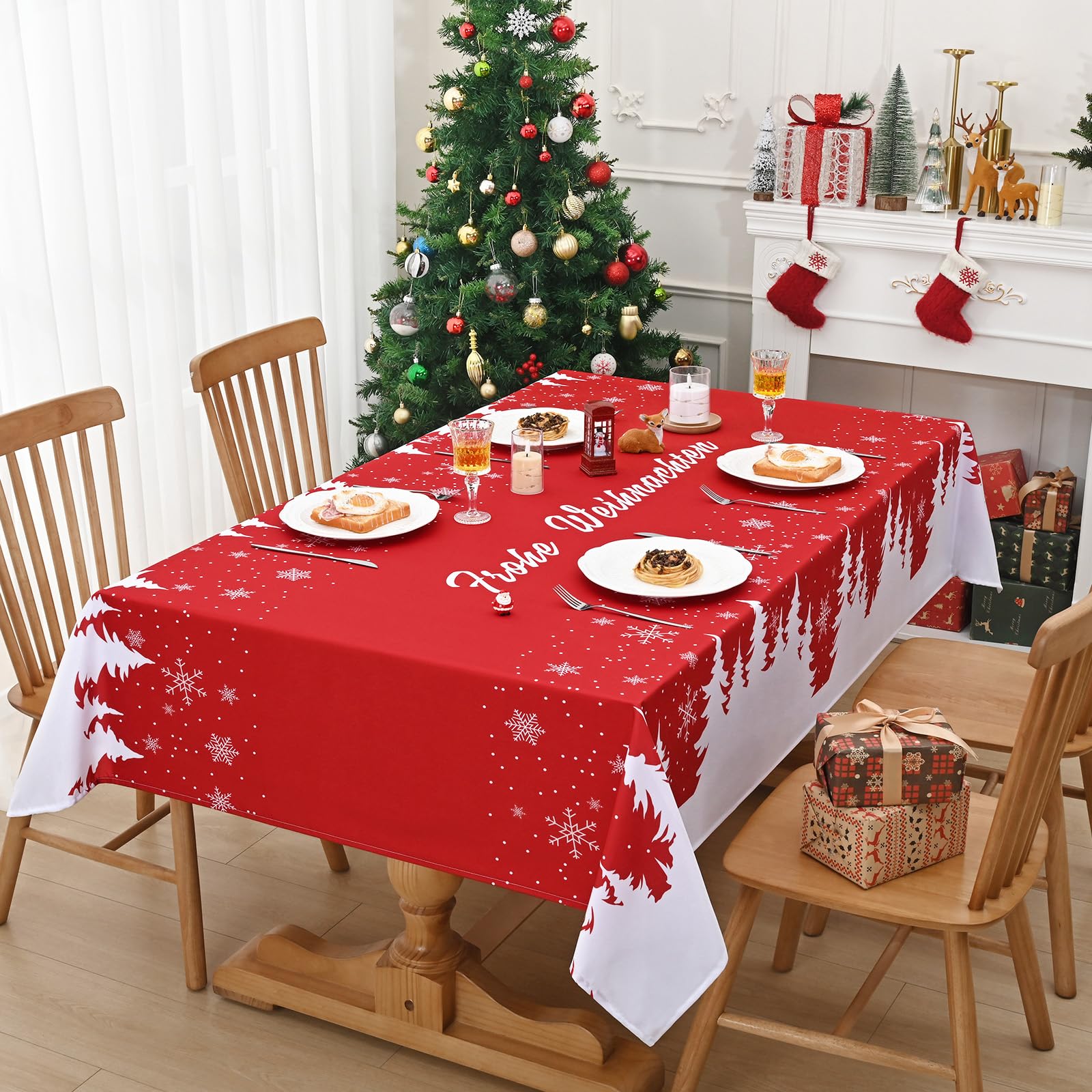 Alishomtll Weihnachtstischdecke Rot Mit Schneeflocken – Wasserabweisend, Rechteckig 130x220 Cm – Festliche Winter-Deko