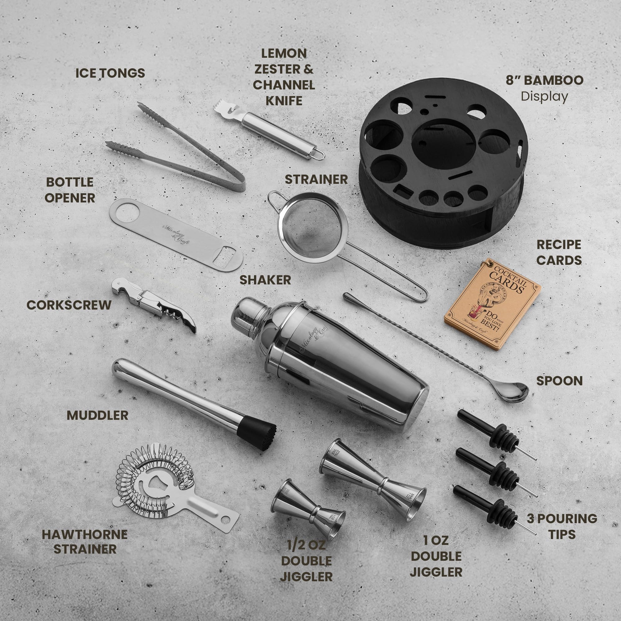 Mixology - Kit Barista Professionale 7 Pezzi Con Supporto Legno E Ricette - Shaker In Acciaio - 4