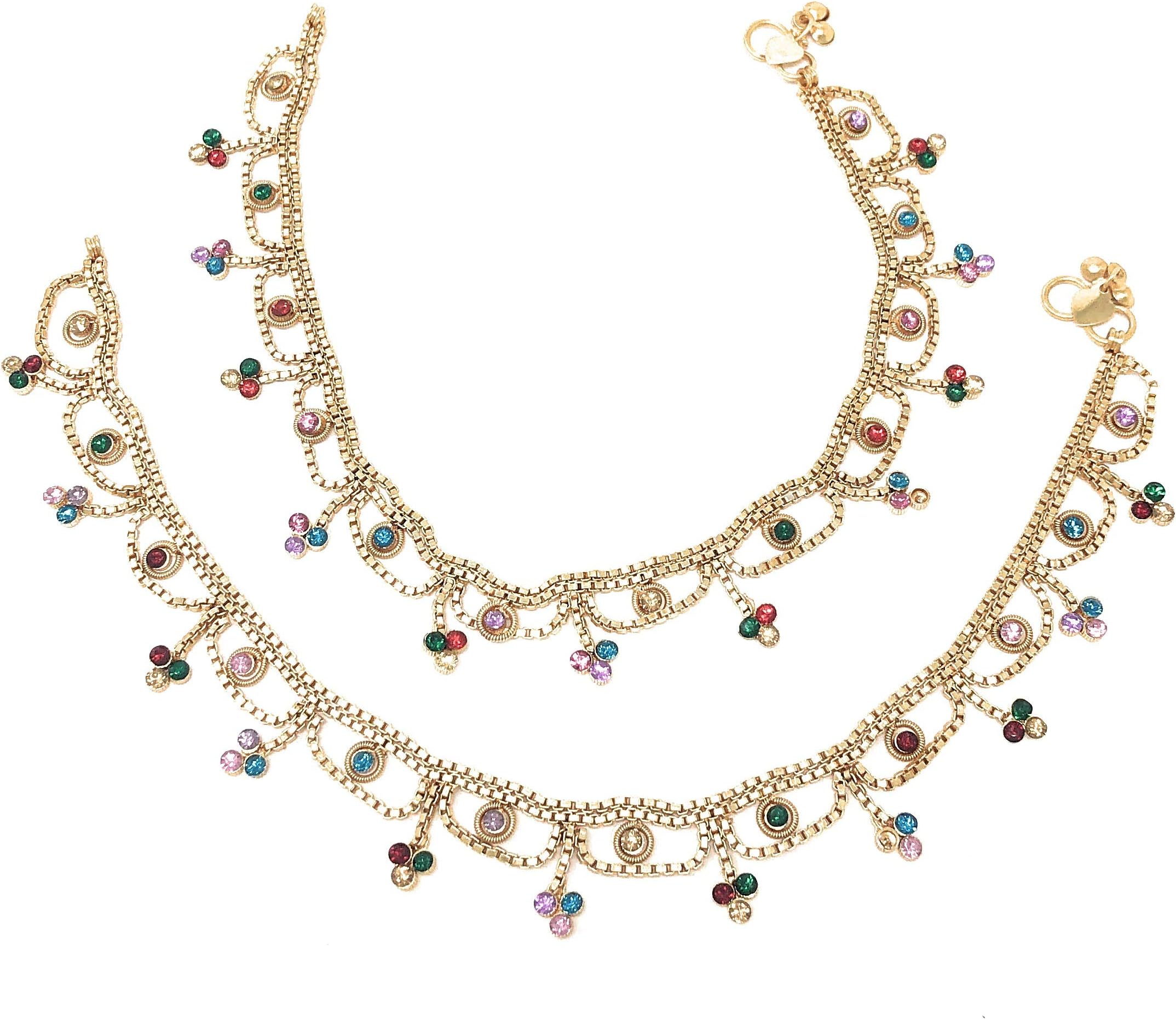Indian Women’s Bell Chain Anklet Payal Sets, Gold-Tone with Glass Stones, Pearl, and Multicolor Charm Clusters, Easy-to-Wear S-Hook Clasp, Perfect for Bridal, Party, Beach, and Gifts