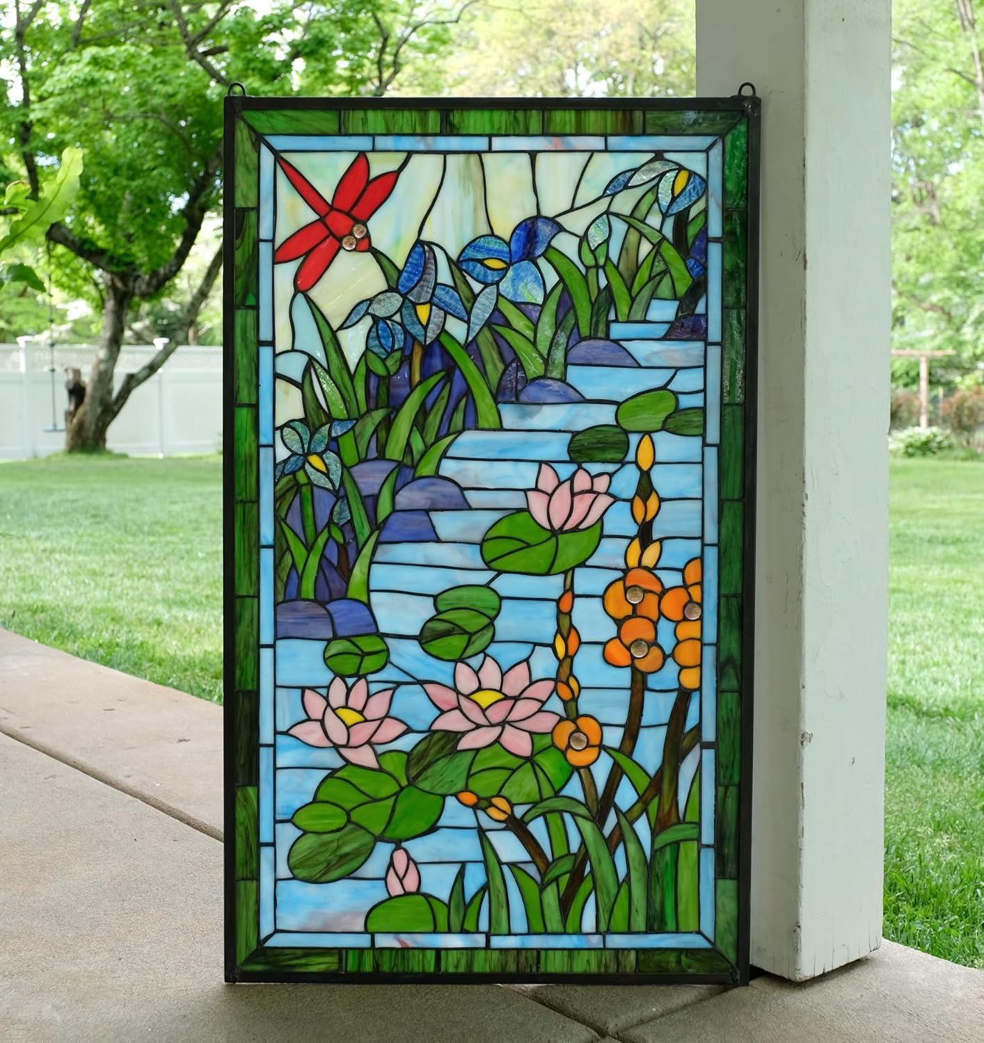 20.25" x 34" Stained Glass Hanging Window Panel Waterlily Lotus Dragonfly Flower Pond