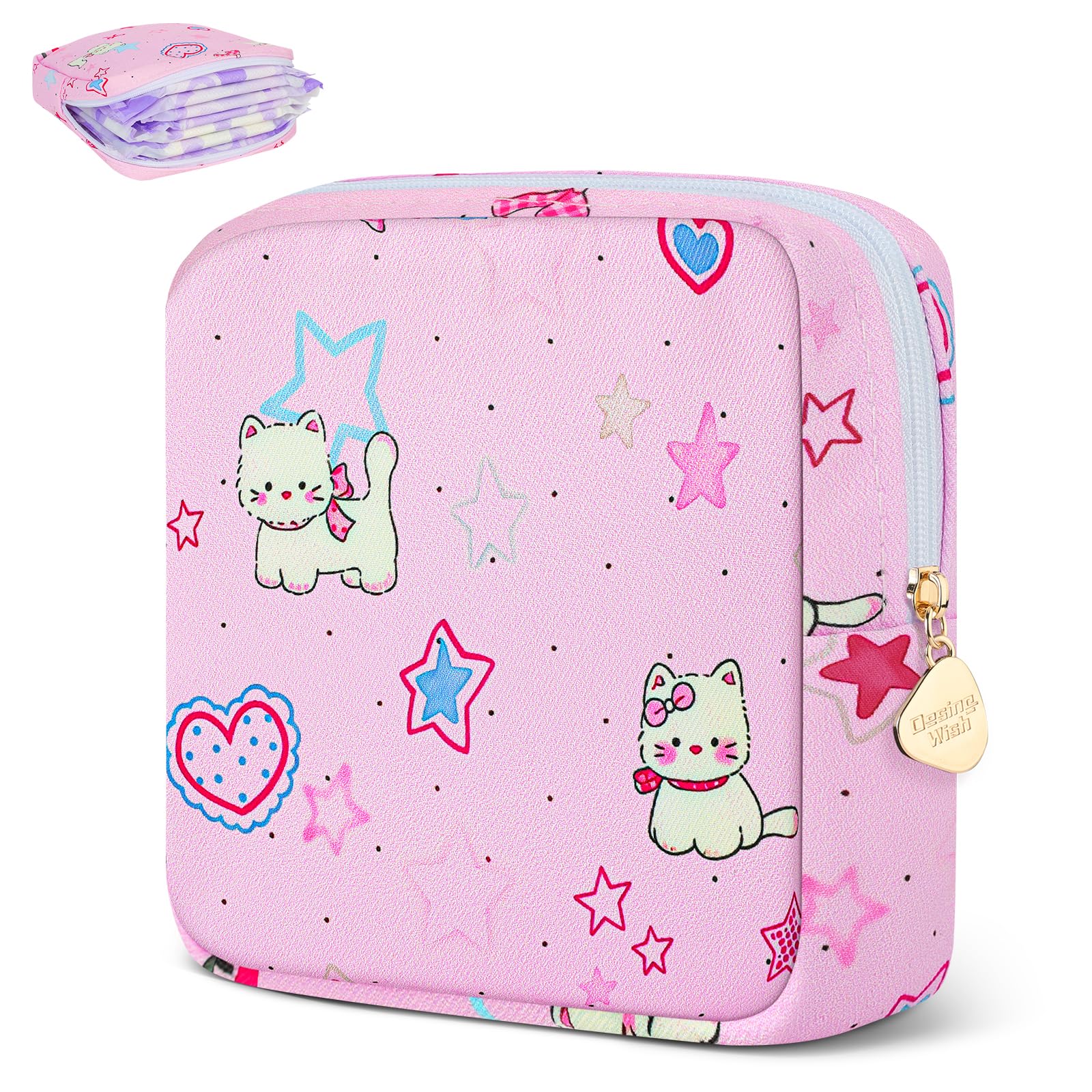Sanitary Pad Storage Bag Portable Period Bag for Teen Pads/Sanitary Napkins/Small Tampons, Sanitary Napkin Storage Bag First Period Gifts for Teen Girls (Bowknot Star Cats)
