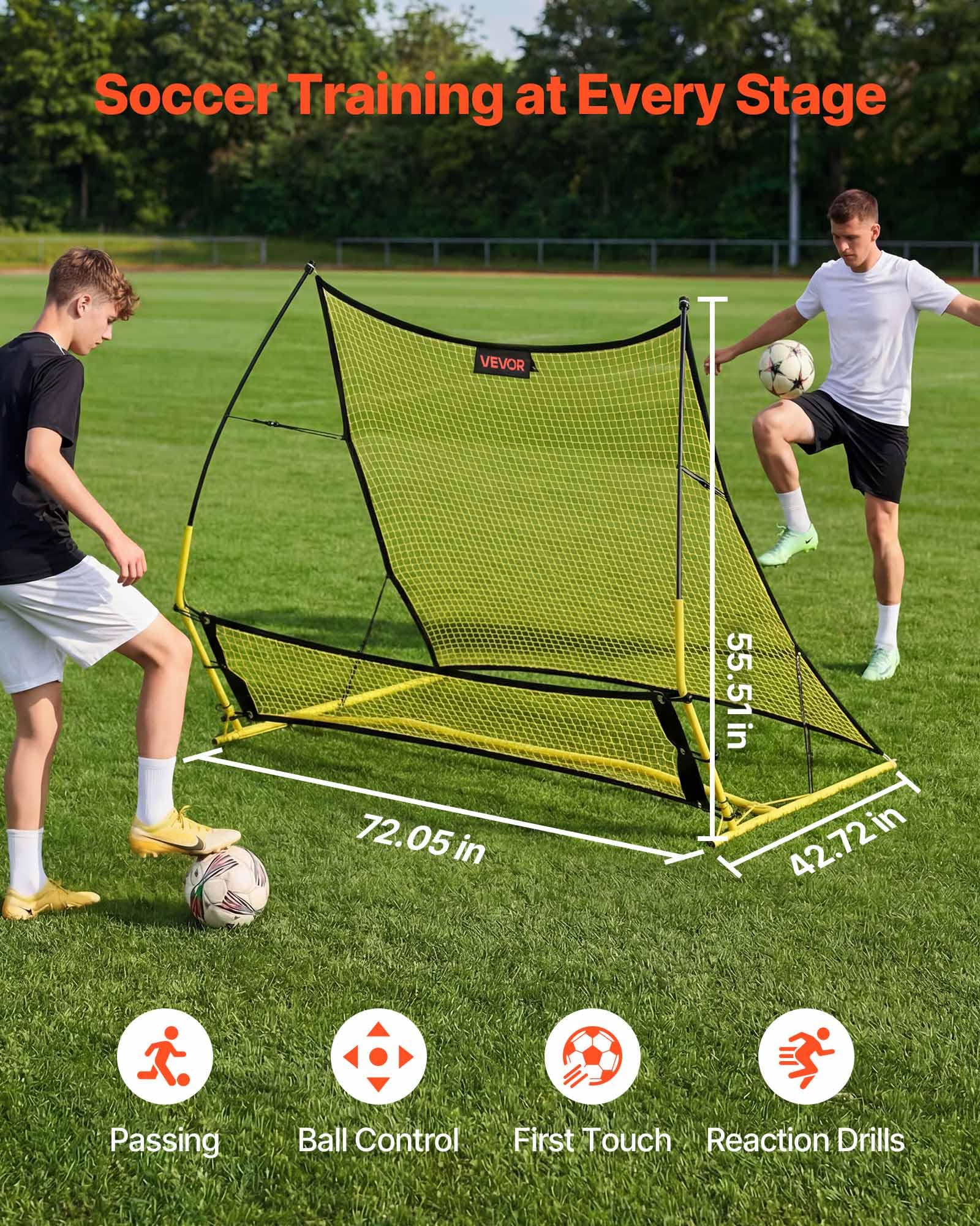 VEVOR Rete da Rimbalzo per Calcio Sports, Rete Rimbalzante 183 x 108,5 cm per Allenamento Controllo Passaggio Pallone, Pali in Fibra di Vetro Rinforzata Telaio in Ferro, Area Rimbalzo 1700x1500 mm