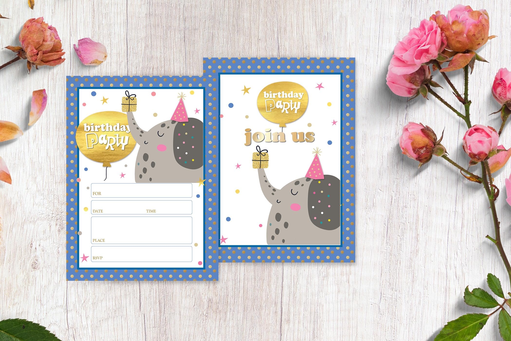 Stonehouse Collection Elephant Birthday Party Invitations – Fill-in-the-Blank – Set of 25 (5x7) with Envelopes (Elephant)