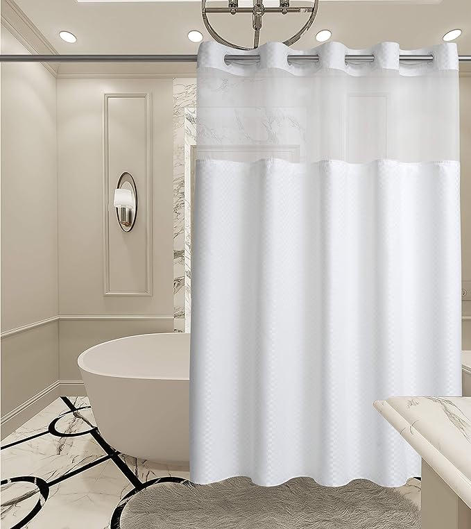Conbo Mio Extra Long No Hook Shower Curtain with Snap in Liner Set, Hotel Luxury Grey Shower Curtains for Bathroom with See Through Top Window, Waterproof, Washable 71W x 84H