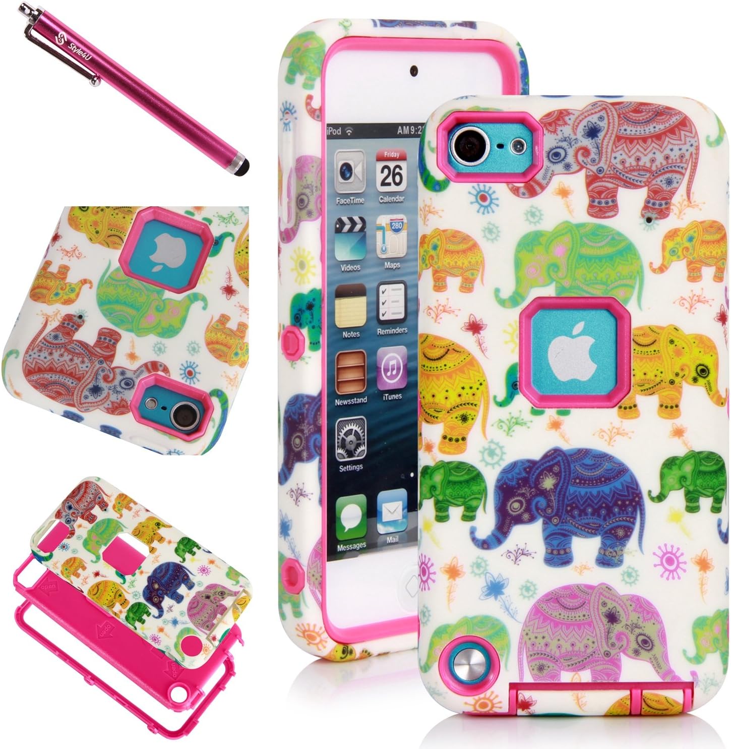 iPod Touch 5 Case, iPod Touch 5 Armor Case - Style4U Drop Protection Dual Layer Hard and Soft Hybrid Case for Apple iPod Touch 5 Cover with 1 Stylus [Elephant Hot Pink]